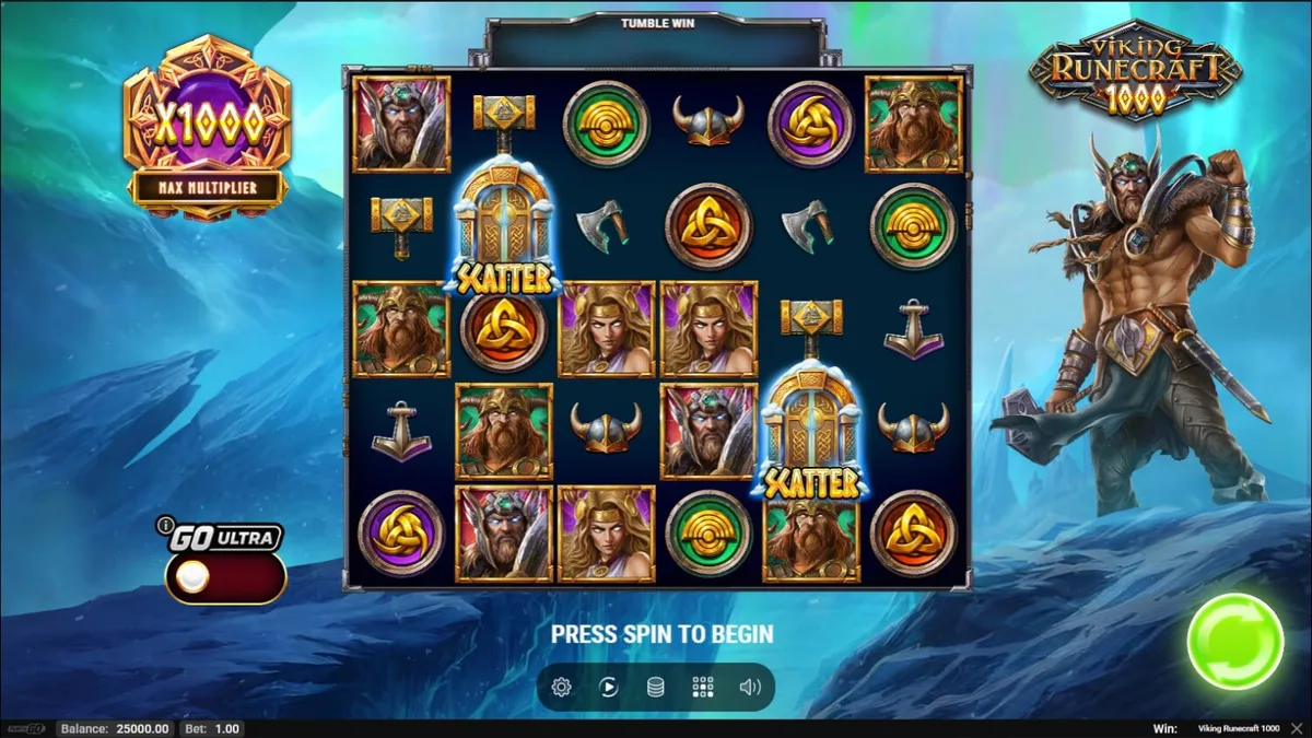 Interface do jogo de slot Viking Runecraft 1000 com símbolos nórdicos e deuses