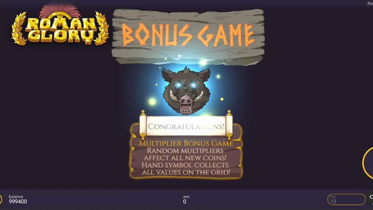 Interface do slot Roman Glory com símbolos de caçadores e animais em uma floresta
