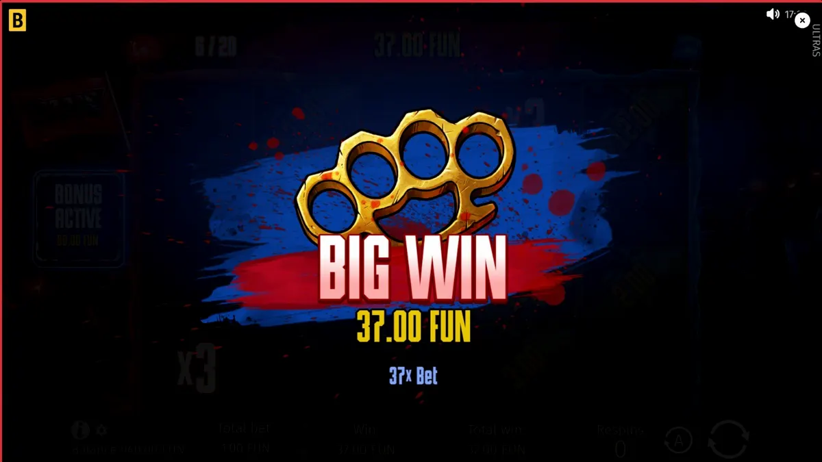 Interface do jogo de slot Ultras com tema de torcidas organizadas e elementos de futebol
